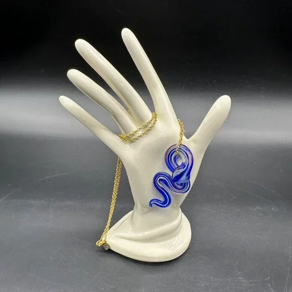 Art Glass Snake Pendant Necklace Gold Toned Chain Blue Copper Lampwork Serpent - Picture 2 of 9